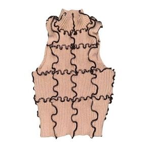 PaperMoon Women's‎ Beige Ribbed Knit Top Black Scalloped Trim Size M